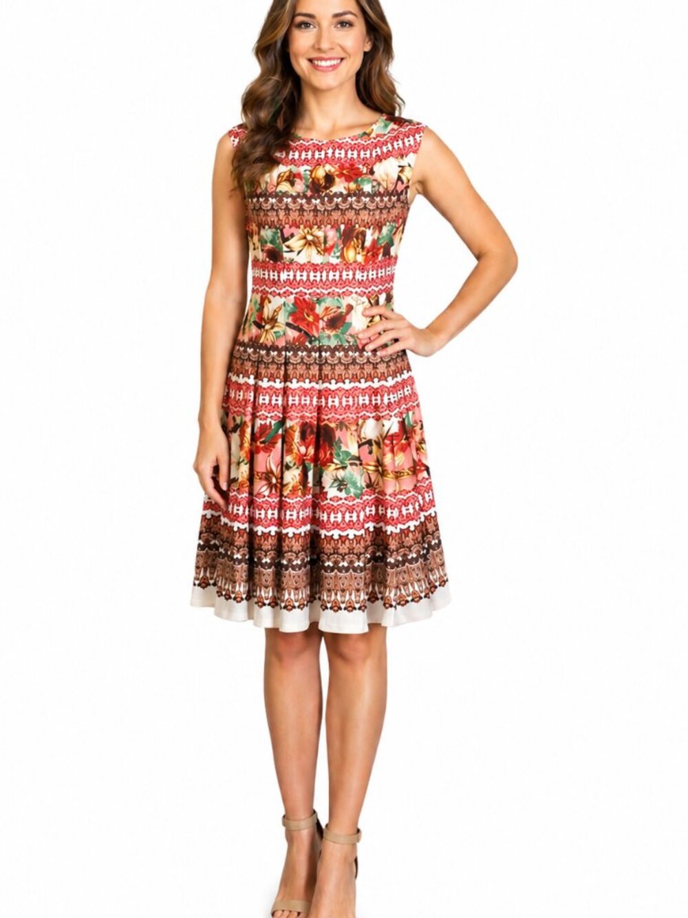 Size 10 dress GABBY SKYE floral, flowy flare, swing, pleated, sleeveless dress